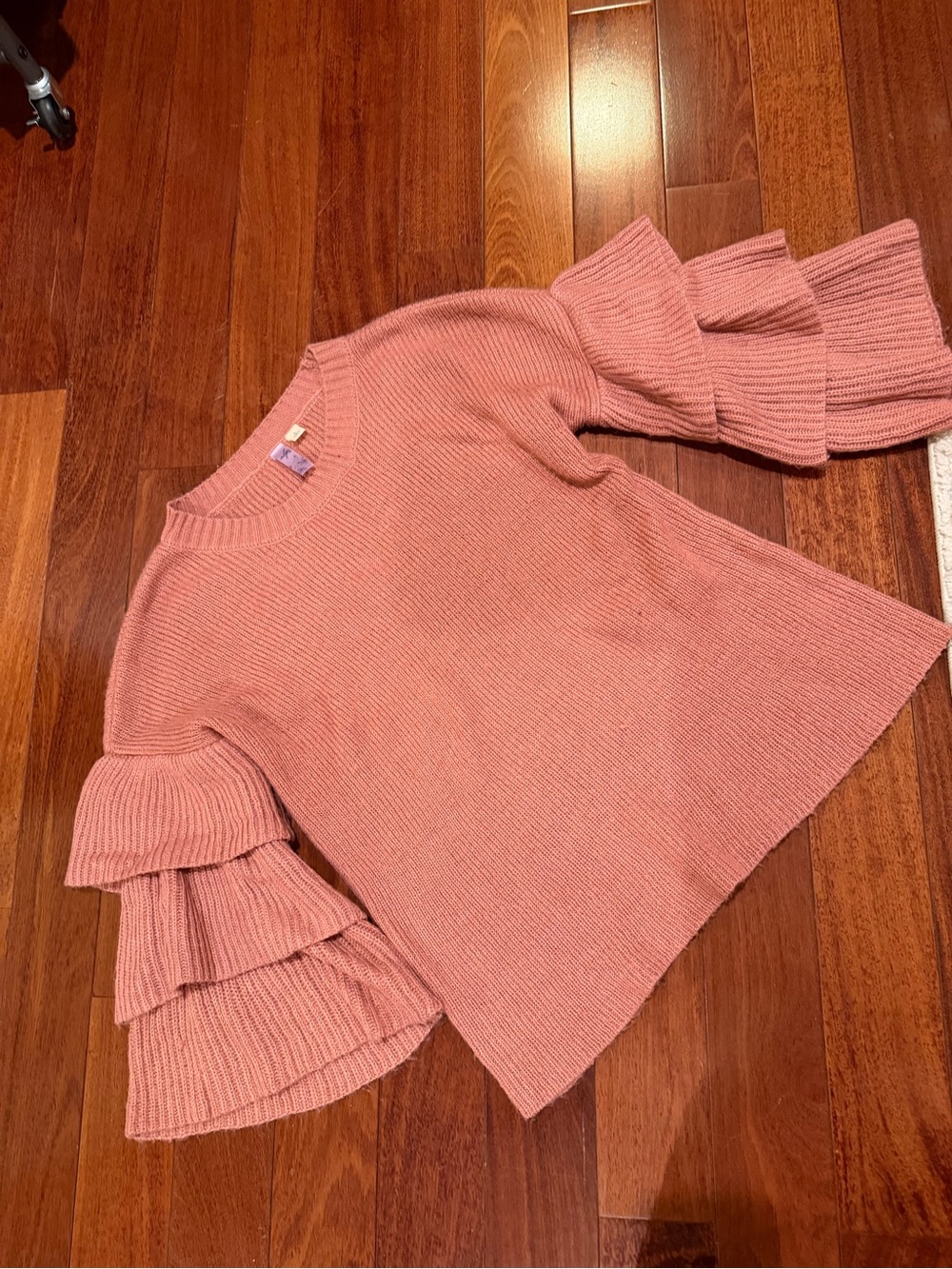 Womens Pink Ruffle-Sleeve Crewneck Sweater